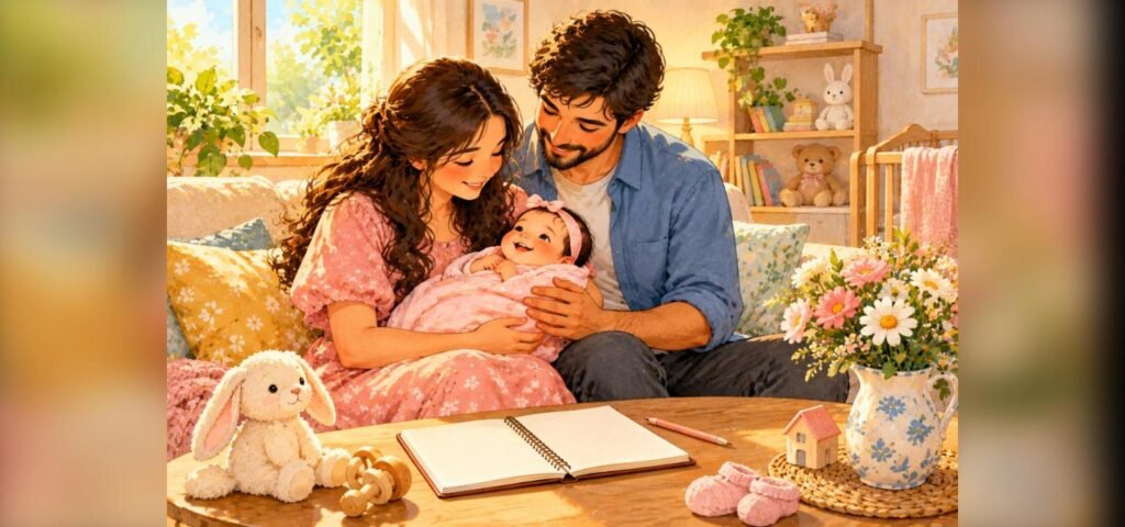 Happy parents holding their newborn baby girl while choosing a unique name