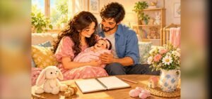 Happy parents holding their newborn baby girl while choosing a unique name