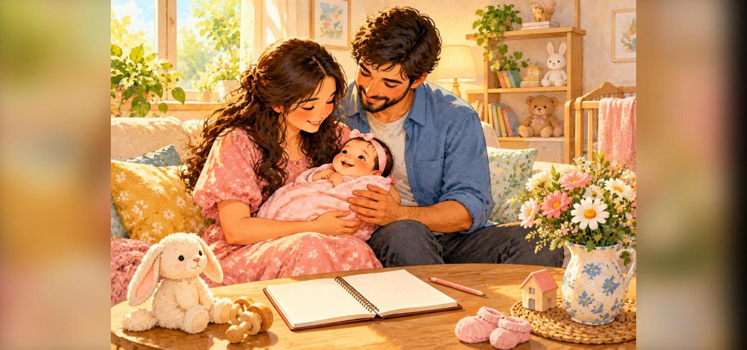Happy parents holding their newborn baby girl while choosing a unique name
