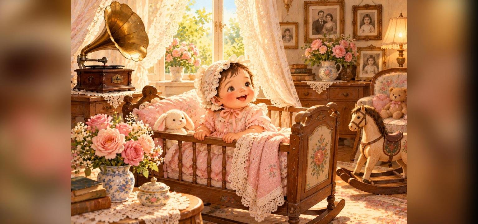 Smiling baby girl in a lace bonnet in an antique cradle in a vintage nursery
